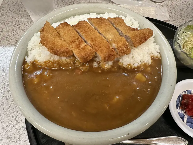 Sliced golden panko-crumbed katsu on white rice with a pool of glossy Japanese curry sauce in a wide bowl