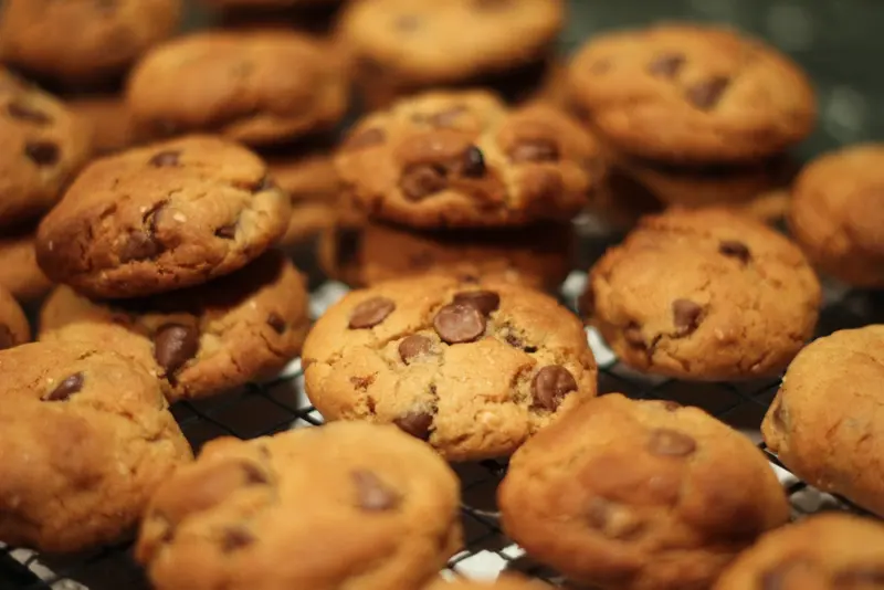 Golden chocolate chip cookies cooling on a wire rack